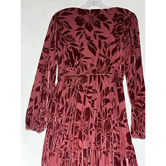 Velvet Burnout Midi Wrap Dress Size Small Mauve Floral High Low - Picture 4 of 11